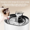 A white cat is drinking water from a stainless steel fountain, demonstrating emergency water storage.