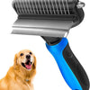 A close-up of a gray deshedding brush for dogs and cats with a blue handle, next to a golden retriever.