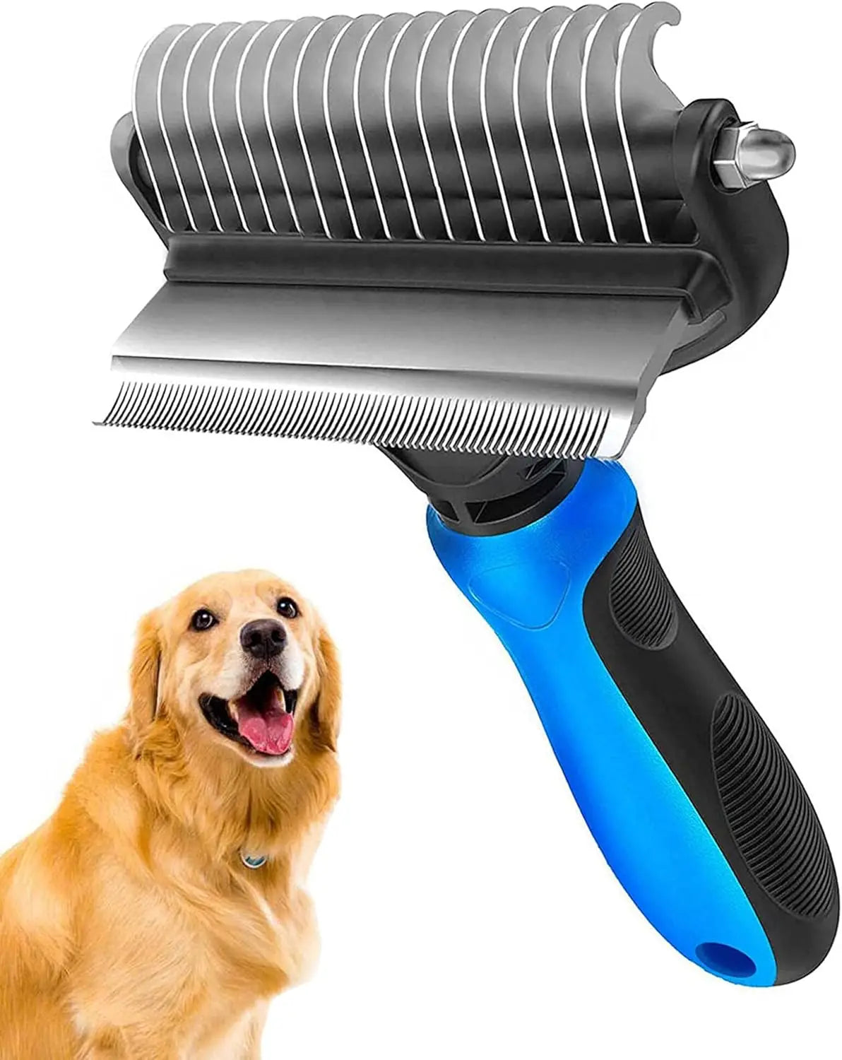 A close-up of a gray deshedding brush for dogs and cats with a blue handle, next to a golden retriever.
