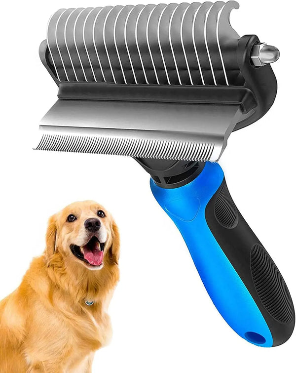 A close-up of a gray deshedding brush for dogs and cats with a blue handle, next to a golden retriever.