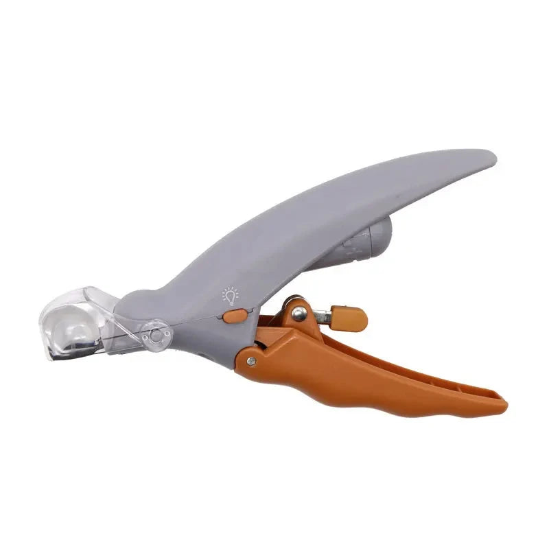 A professional LED pet nail clipper with a gray handle and orange grip.