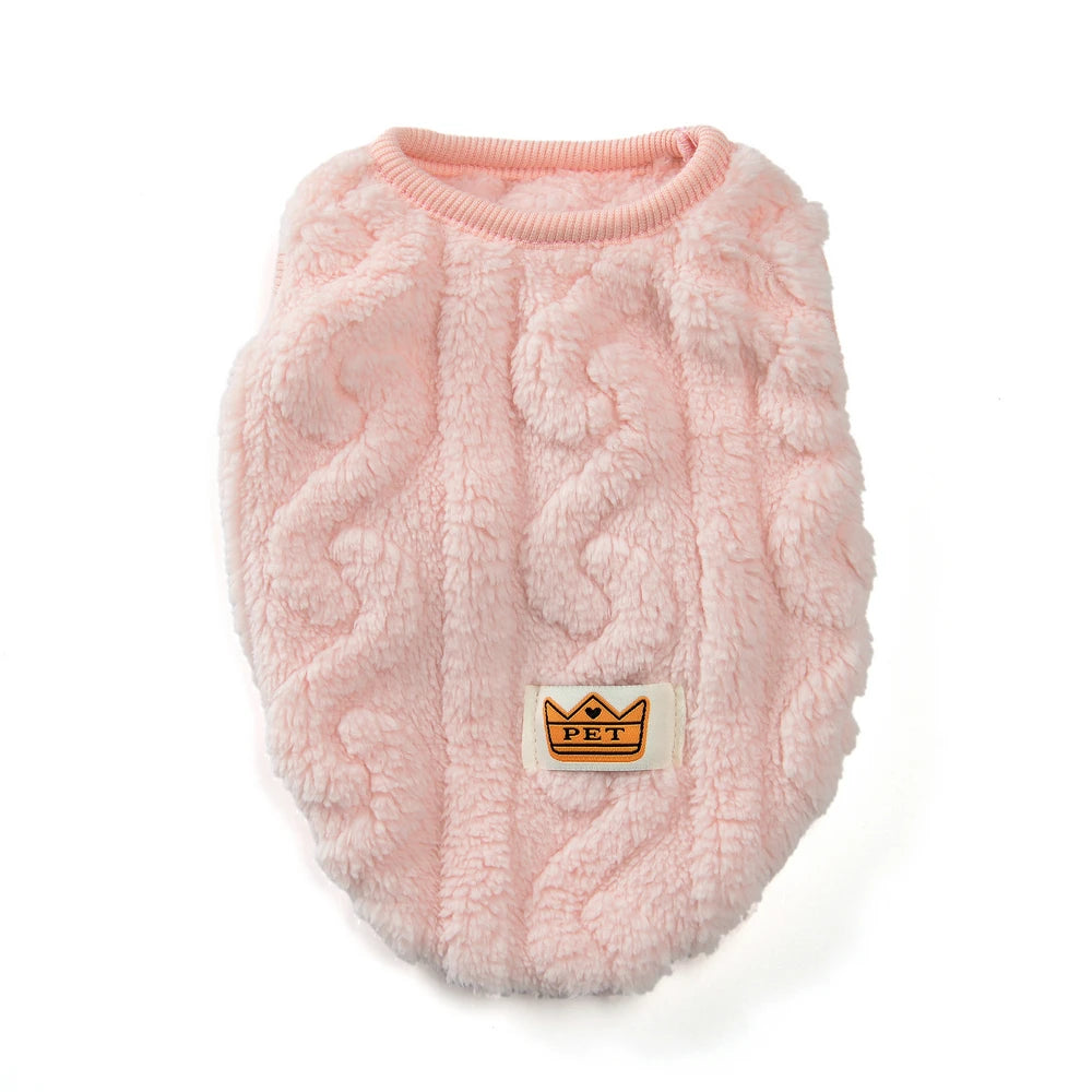 A pink, fluffy fleece pullover sweatshirt for small dogs and cats.