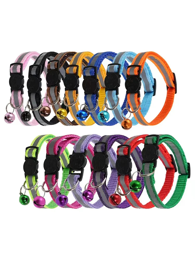 A collection of colorful reflective pet collars with adjustable head buckles.