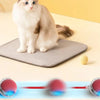 A fluffy white cat sits on a gray mat next to an interactive rechargeable toy ball with a motion sensor.
