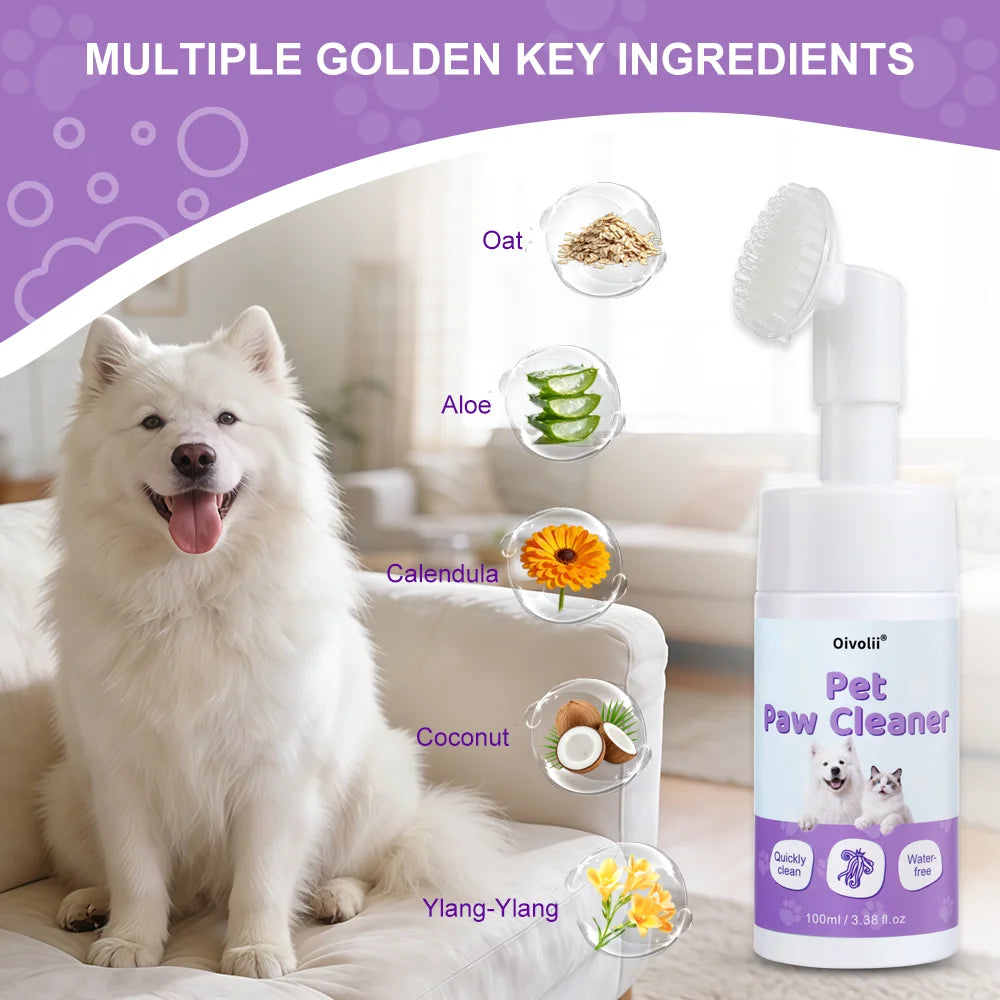 A bottle of Pet Paw Cleaner with multiple golden key ingredients like oat, aloe, calendula, coconut, and ylang-ylang shown ne