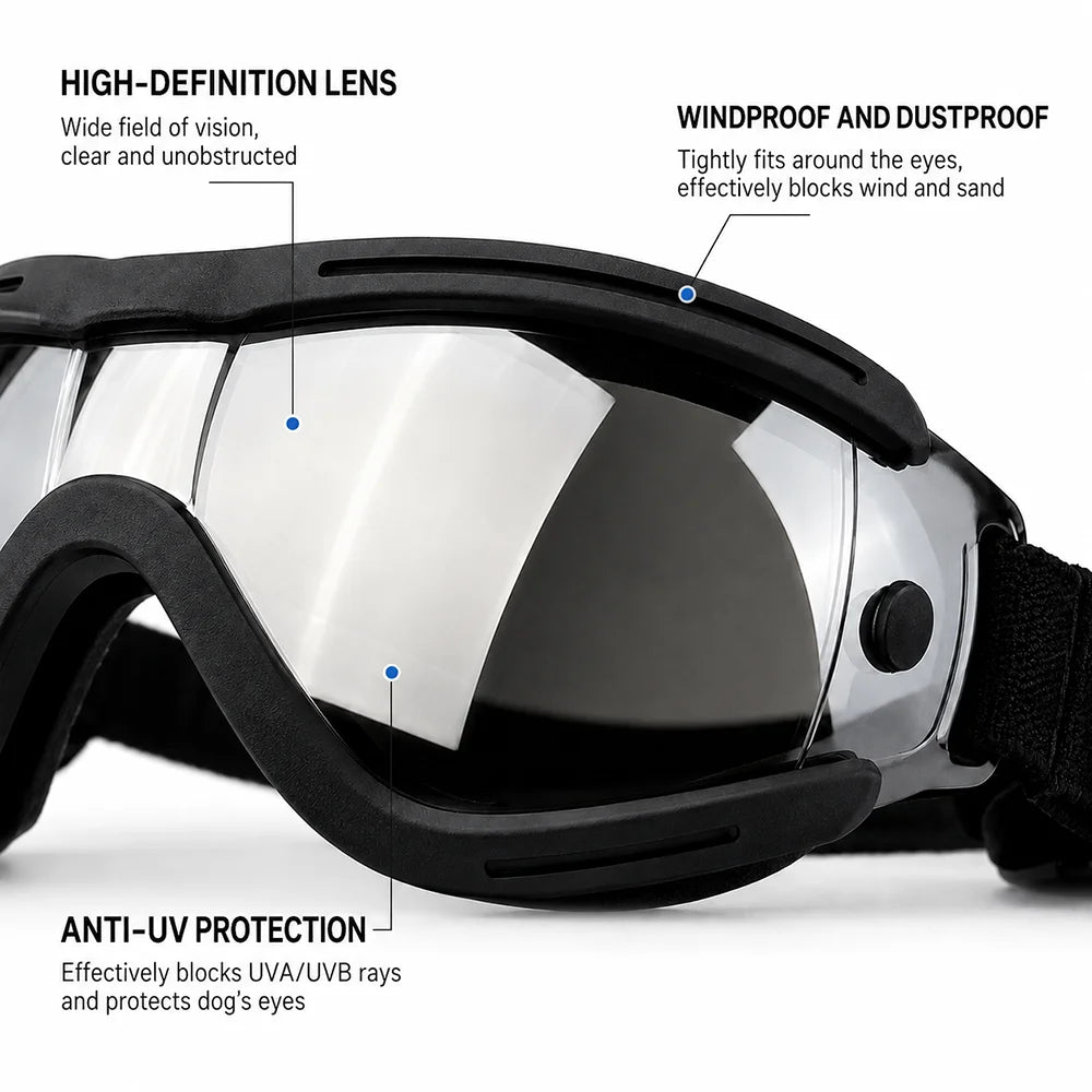 A pair of black pet sunglasses with a clear lens shown against a white background.