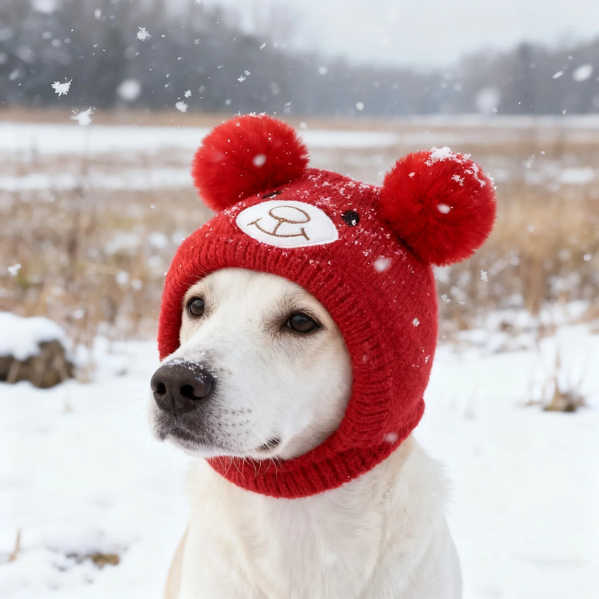 A white dog wearing a red knitted hat with bear ears in a snowy outdoor setting.