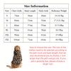 Size chart showing measurements for dog clothing sizes S through 3XL