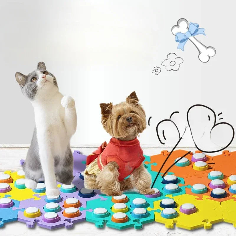 A gray cat and a small brown dog are interacting with colorful training buttons on a surface.