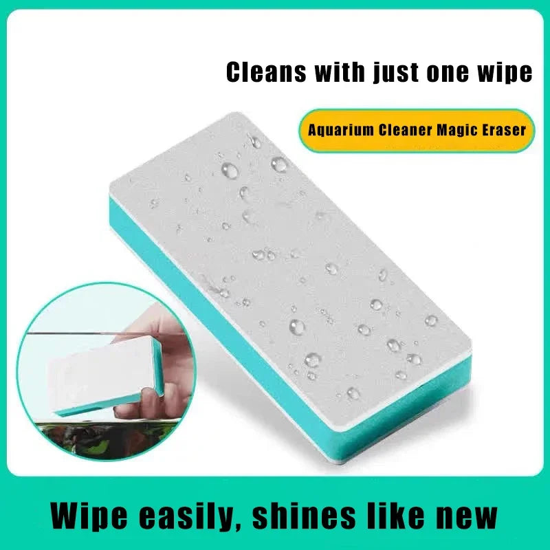 A white sponge eraser used to clean aquarium glass, showing a close-up of its use.