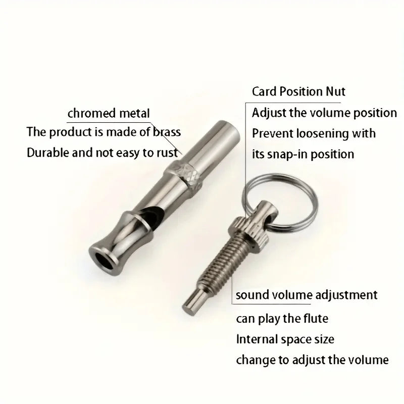 Écrou de métal chromé utilisé pour ajuster le volume d'un sifflet de chien.