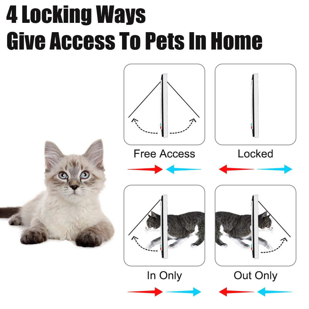 Diagrams showing four locking ways for a pet door: Free Access, Locked, In Only, and Out Only.