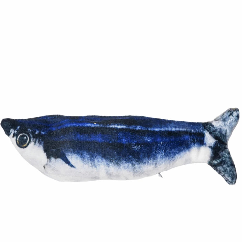 Kleines elektrisches Fischspielzeug mit blau-weißem Muster.