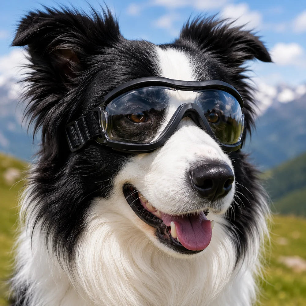 A black and white dog wearing black sunglasses outdoors