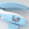 A light blue professional pet nail clipper with a white handle and protective cover.