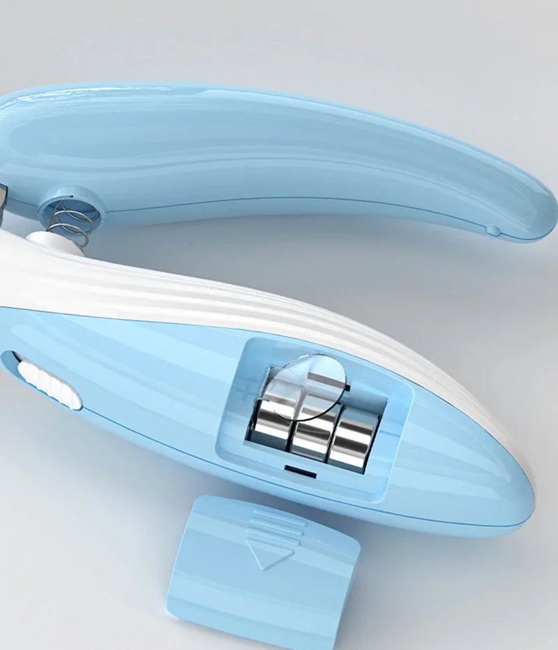 A light blue professional pet nail clipper with a white handle and protective cover.