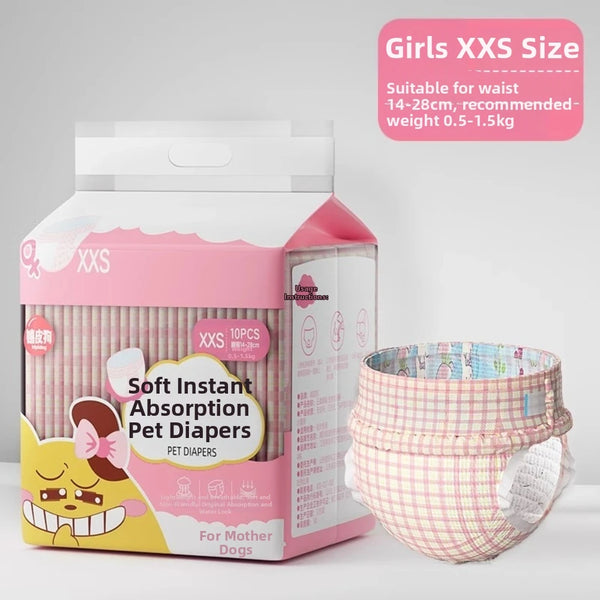Box of Girls XXS size soft instant absorption pet diapers for dogs in pink and yellow packaging