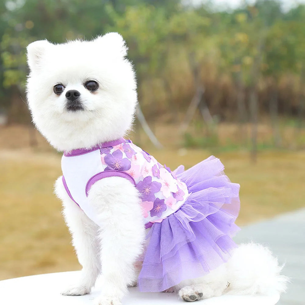 Un perro blanco y esponjoso vistiendo un vestido de encaje de gasa morado con estampados florales.