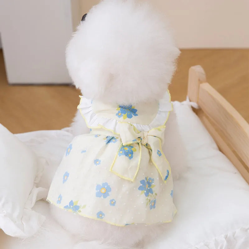 Vestido de malla blanca para perro con collar pompón blanco esponjoso y detalles florales azules.