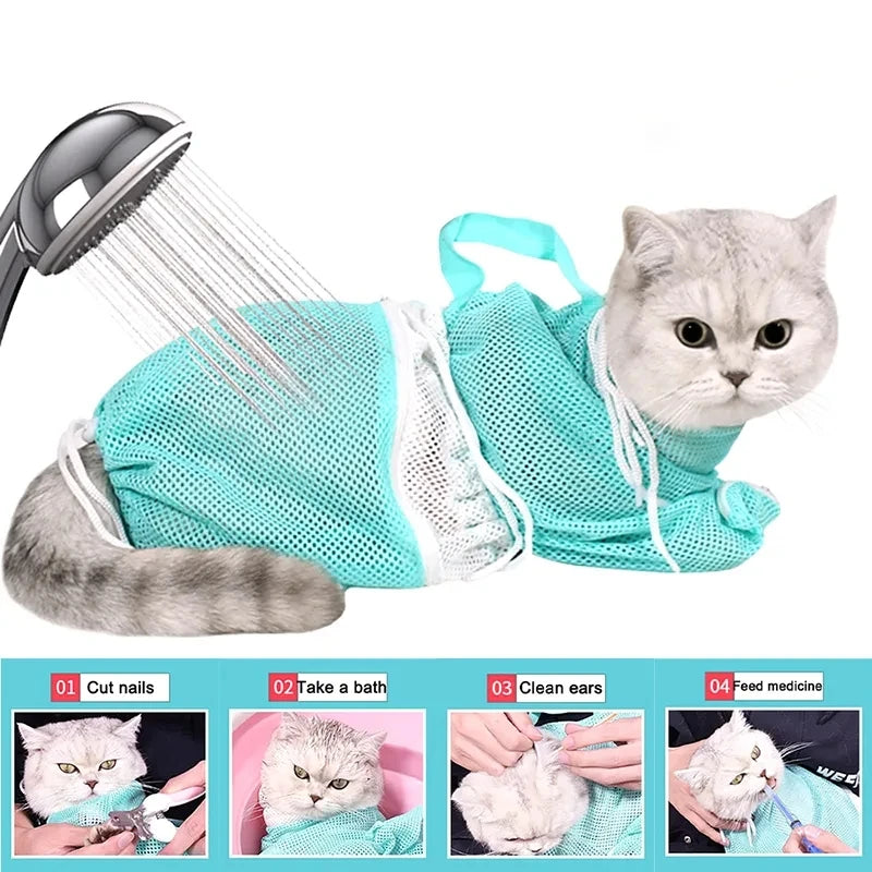 Reusable mesh bags for cat grooming and bathing, showing steps for nail trimming, bathing, cleaning ears, and feeding medicin