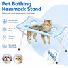A light blue pet bathing hammock stand with a cat resting on it, designed to make pet bath time easier and safer.