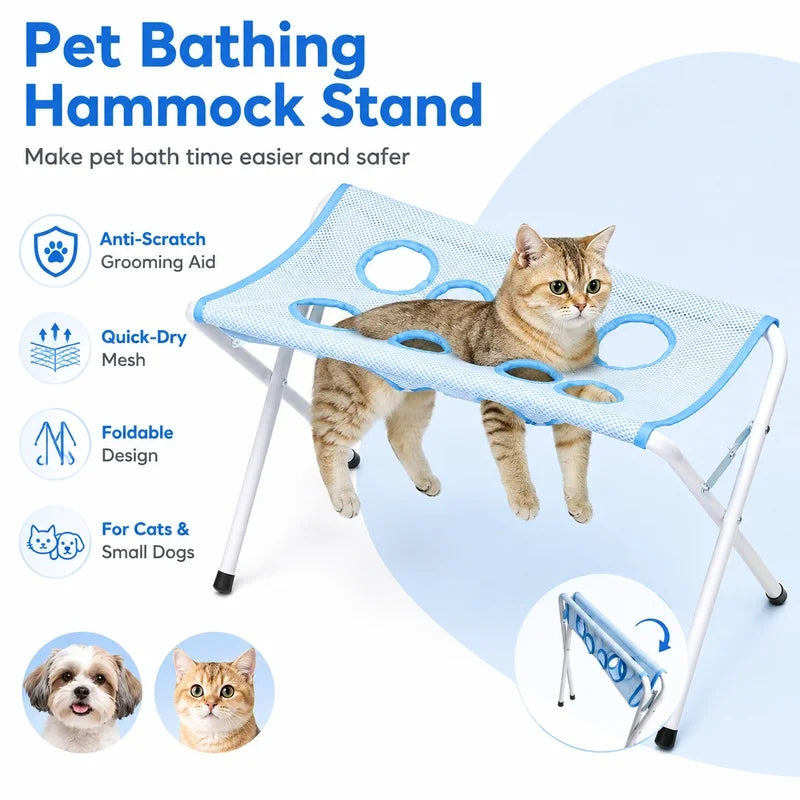 A light blue pet bathing hammock stand with a cat resting on it, designed to make pet bath time easier and safer.
