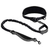 Black hands-free dog leash with a padded lumbar support belt for walking dogs.