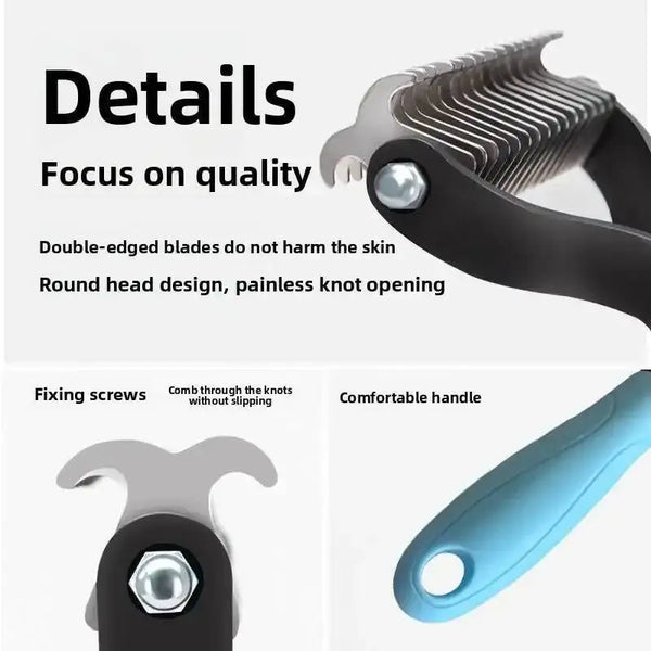 Close-up of a stainless steel pet hair removal comb brush with a round head design and a comfortable handle.