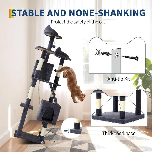A multi-level cat tree with scratching posts and anti-tip kit shown next to a cat, demonstrating its stability.