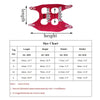 Harnais de toilettage rouge pour oreilles et griffes, avec tableau des tailles.