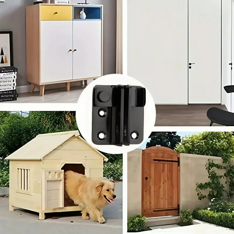 Black sliding bolt lock for home security shown in various contexts including a cabinet and a wooden gate.