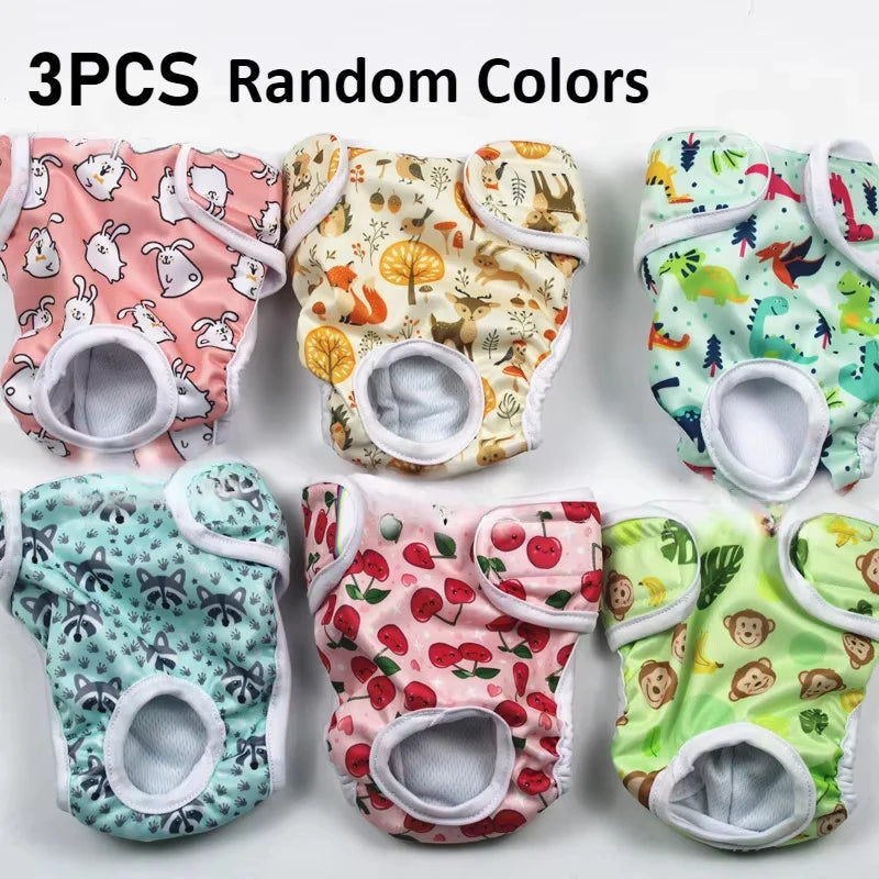 Three packs of reusable female dog physiological panties in various random colors and patterns