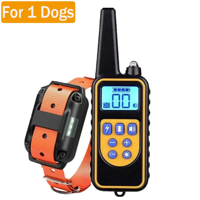 Black and orange waterproof remote dog training collar with a digital display and buttons