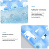 A blue pet cooling mat showing safe and non-toxic material filling and a double hot pressing process.