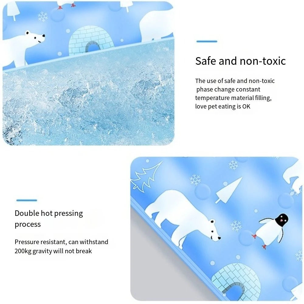 A blue pet cooling mat showing safe and non-toxic material filling and a double hot pressing process.