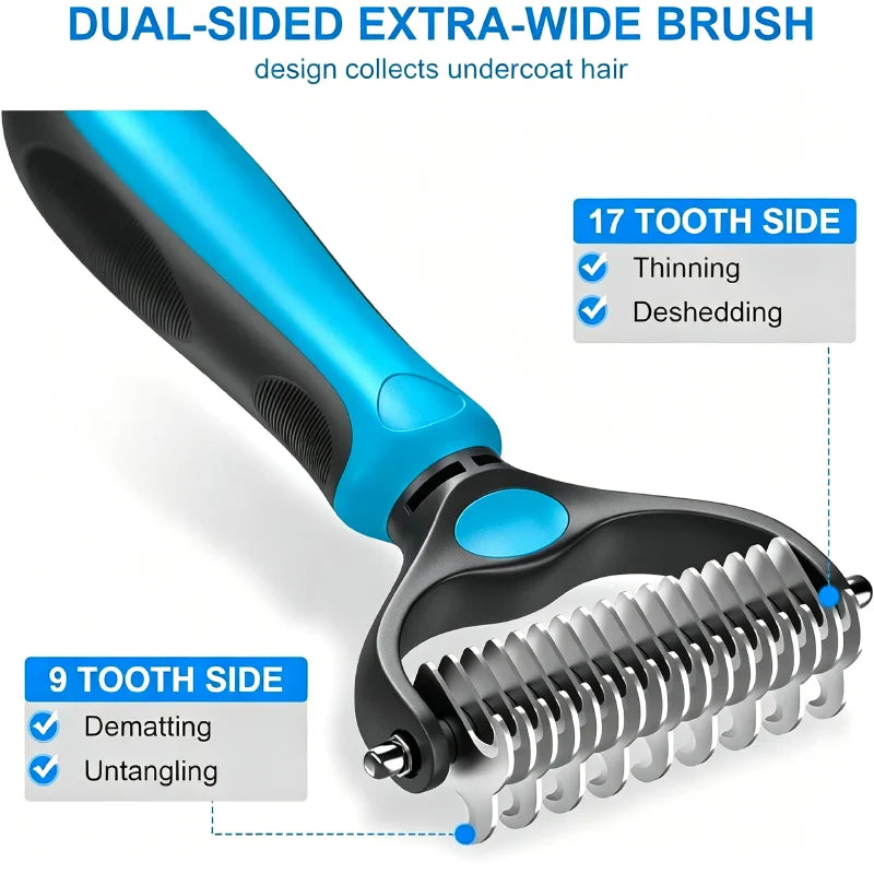 A dual-sided grooming brush with 17 tooth sides for thinning and deshedding, and a 9 tooth side for dematting and untangling.