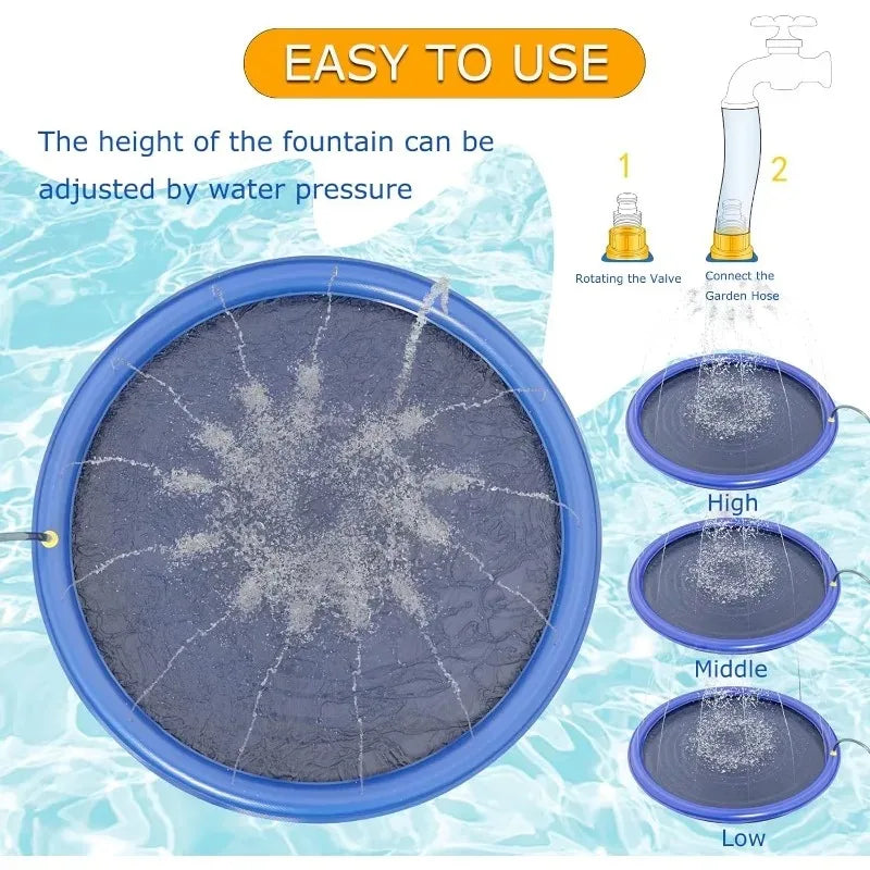 A blue inflatable splash pad cooling mat is shown with water spraying from it, demonstrating adjustable height.