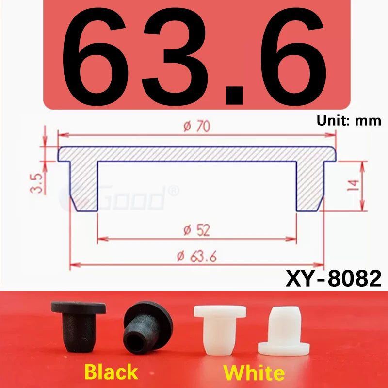 Black and white silicone rubber hole plugs shown next to a measurement diagram.