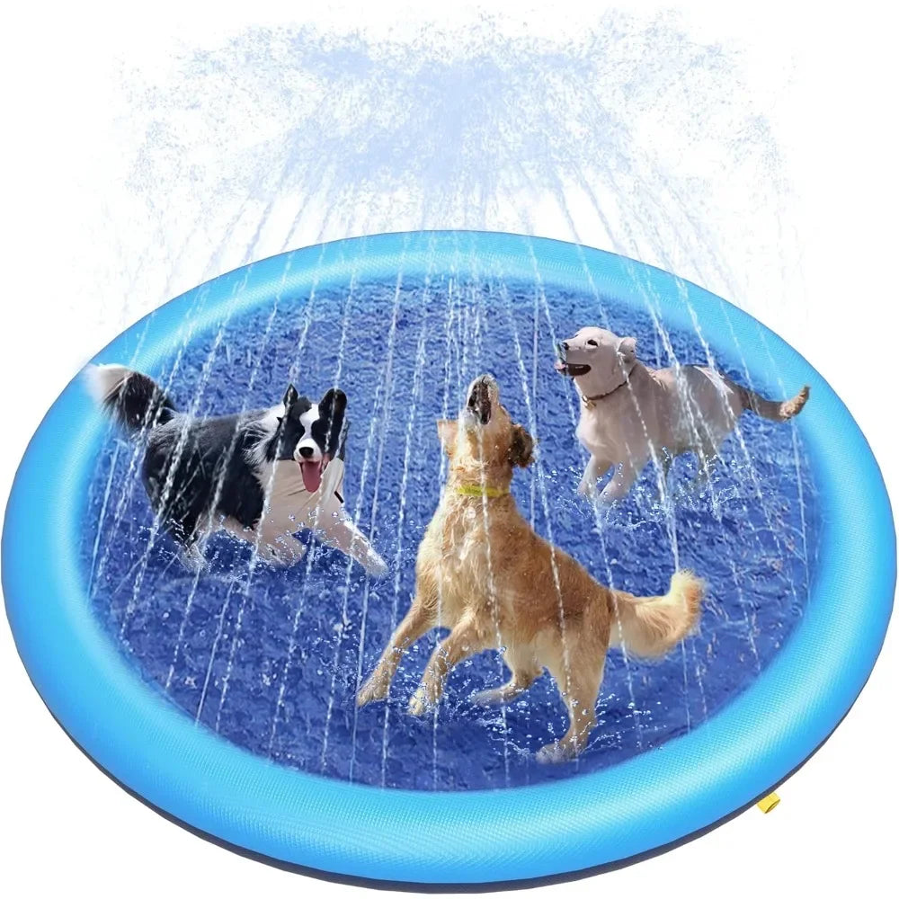A dog is splashing in a blue water feature, creating a spray of water.