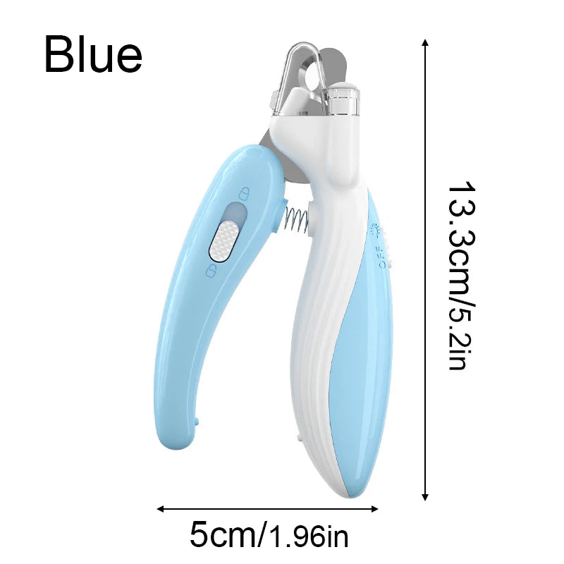 A blue LED pet nail clipper tool shown with dimensions of 13.3cm long and 5cm wide.