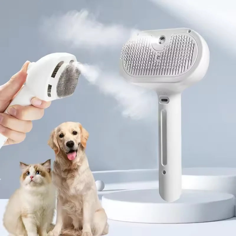 A white dual function dog grooming comb and massage brush is shown emitting steam, with a hand holding it near a golden retri