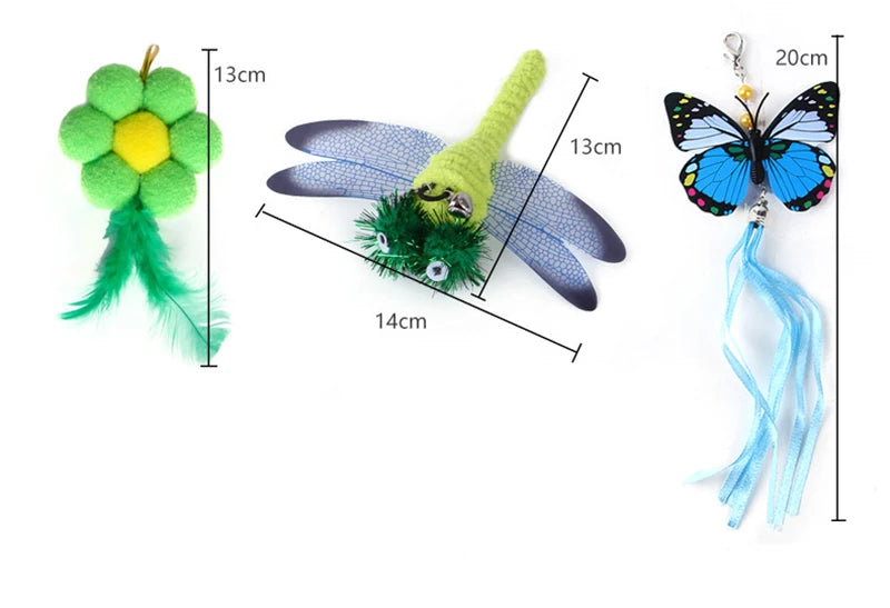 A colorful interactive cat teaser wand featuring a green feather bird and a blue butterfly.