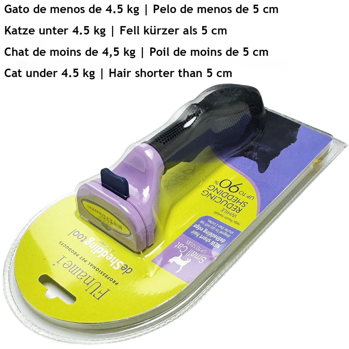 A yellow pet deshedding brush with a purple handle and clear plastic casing for grooming cats and dogs.