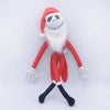 A plush toy of a cartoon skeleton dog wearing a red Santa hat and red outfit.