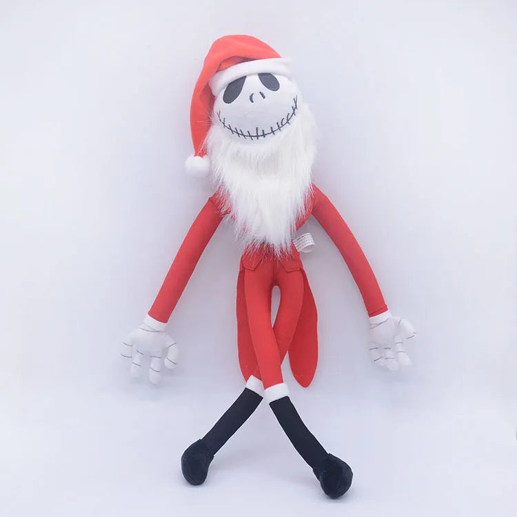 A plush toy of a cartoon skeleton dog wearing a red Santa hat and red outfit.