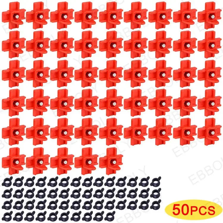 Un jeu de 50 tétines automatiques pour distributeurs d'eau de poulets, de couleur rouge.
