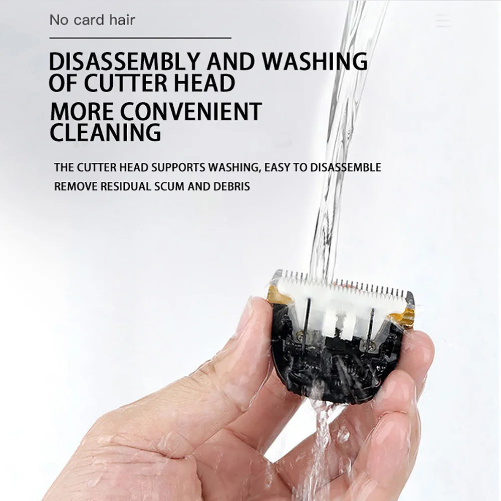 A hand is holding a disassembled cutter head for pet hair clippers, showing the components being washed with water.
