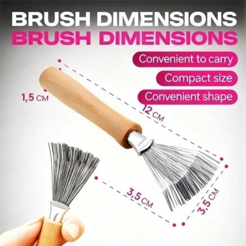 A wooden brush with bristles is shown next to dimension markings, highlighting its compact size and convenient shape.