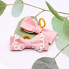 Rosa Hundehair-Schleifen mit rosa Stoff und weißer Spitzenborte auf weißem Hintergrund