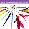 A variety pack of feather and plush attachments for a cat's teaser toy, showing colorful feathers and fabric pieces.